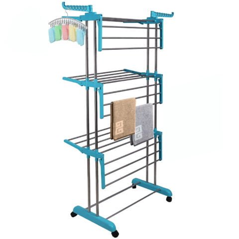 Premium Stainless Steel 3-Tier Heavy Duty Foldable Jumbo Cloth Drying Stand with Wheels